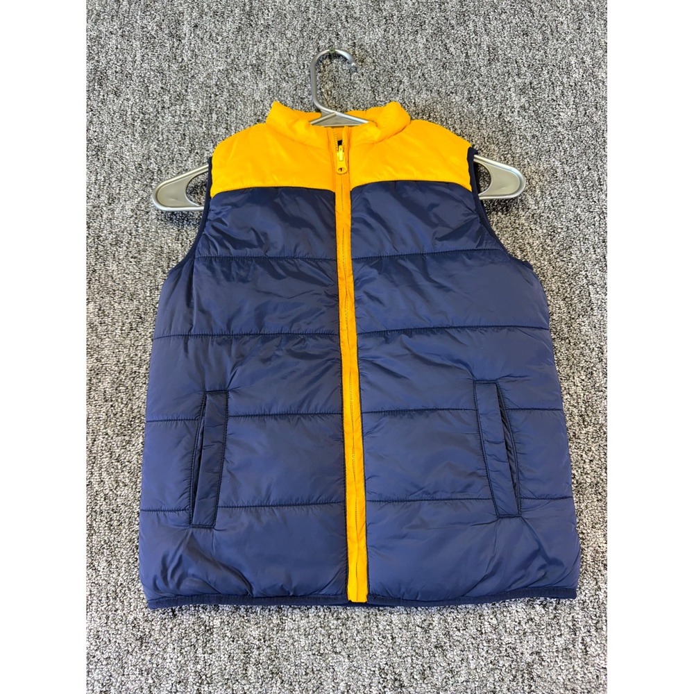 Janie and Jack Reversible Puffer Vest Boys 7/8 Blue Yellow Adventure Outerwear